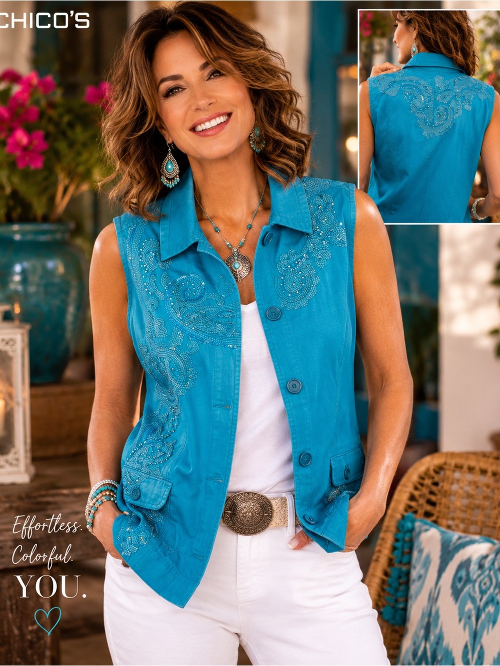 Chico’s Turquoise Embellished Embroidered Vest - Chico’s size 3